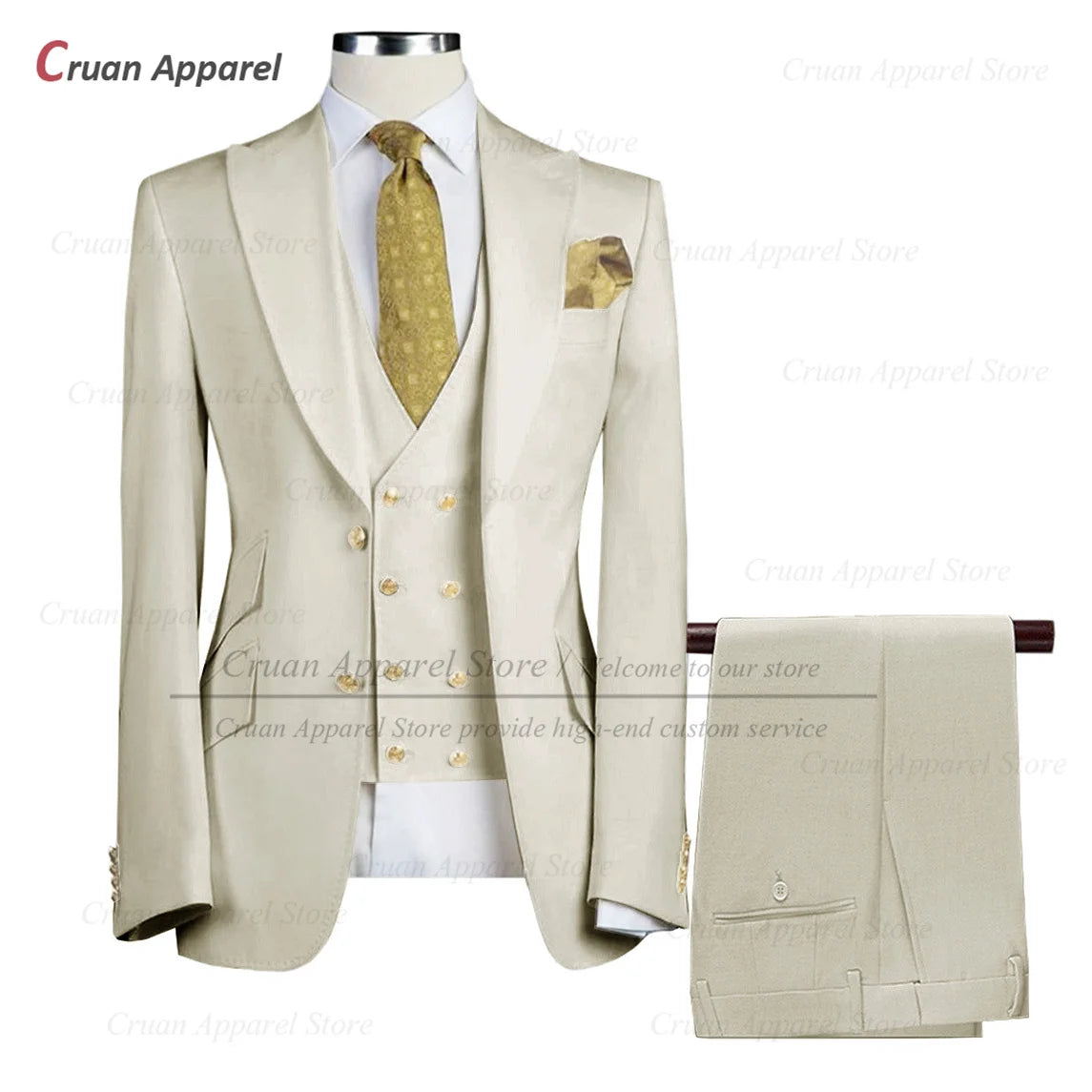 Tailor-made Brand Suits for Men Slim fit Prom Wedding Groom Tuxedo Set Party Gold Buttons Blazer Vest Pants 3 Pieces