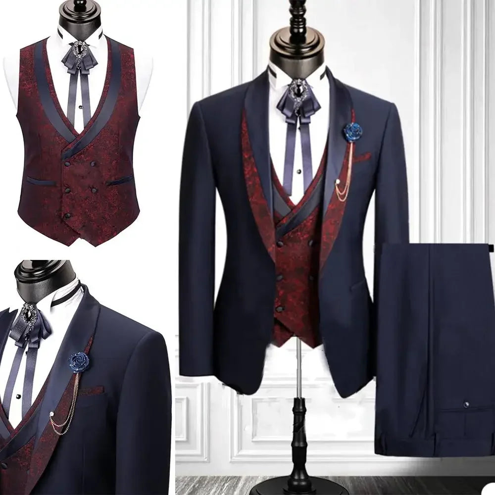 Floral Formal Suits for Men 3 Pieces Shawl Lapel Wedding Groom Tuxedo Italian Style Suit Jacket with Vest Pants Fashion