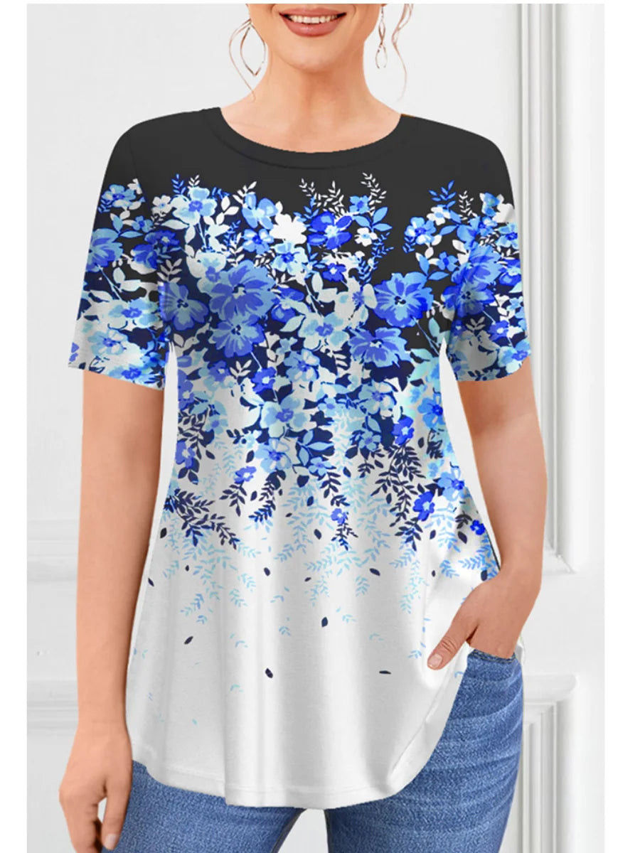 Women's T-Shirts Spring Clothing Floral Graphic O-Neck Pullovers Short Sleeve Tops Streetwear Oversized Apparel Ladies
