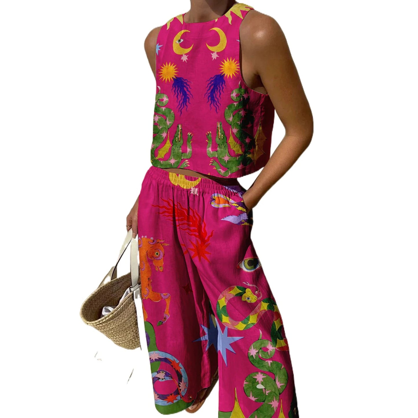 Women s Retro Style Crop Top and High Waisted Wide Leg Pants Set with Abstract Print Sleeveless Tank Top and Loose Fit