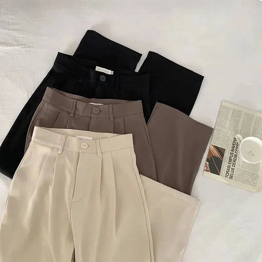 High Waist Women Suit Pants Fall Straight Office Fashion Trousers Casual Button Loose Female Pants