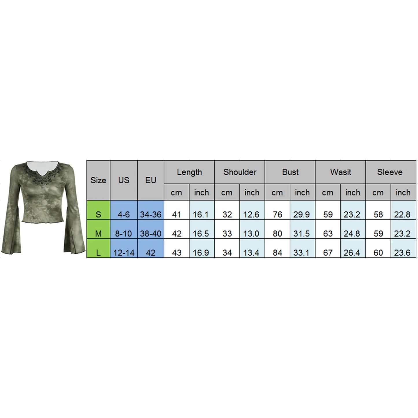 Women's Tie-dye Print Crop Tops Long Flare Sleeve Notched V Neck  T-Shirts Blouses
