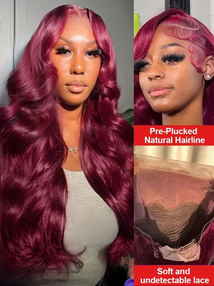 99J Burgundy Body Wave 13x4 Lace Front Wig 13x6 100% Human Hair HD Transparent 30 40 Inch Lace Frontal Wigs Red Wine Brazilian