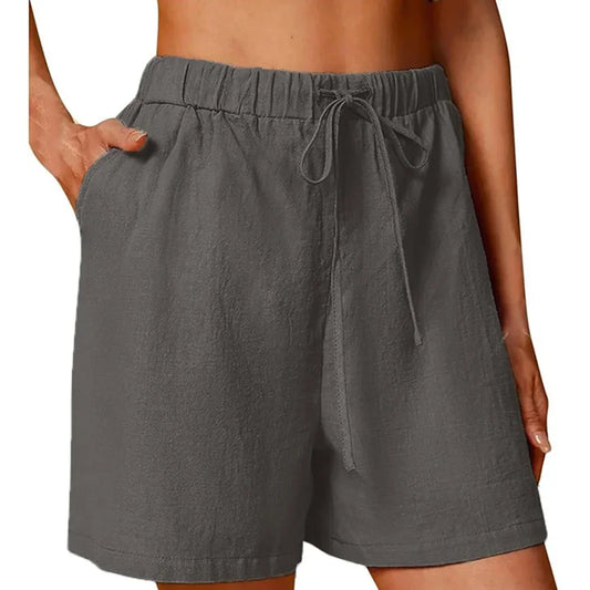 Women's Summer Casual Shorts Drawstring Solid Color Cotton Linen Short Pants Female Loose Straight