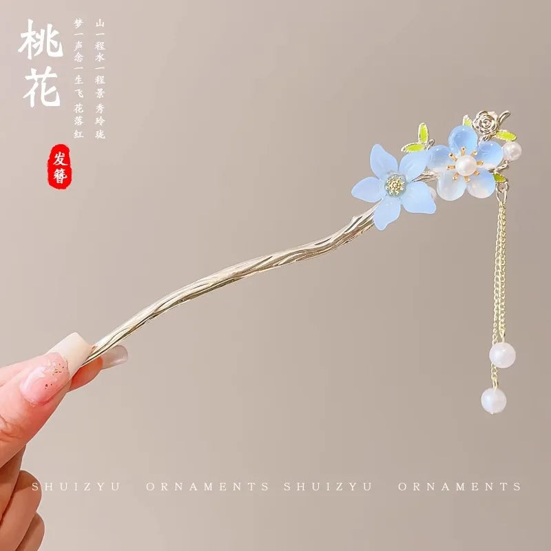 Elegant Chinese Style Hair Accessory Romantic Enameled Flower Tassel Hair Pin Alloy Jewelry Hairpin For Women Fashion Hairpin