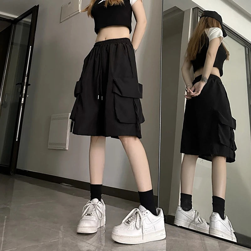 Women's High Waist Cargo Shorts American Style Streetwear Summer Wide Leg Pants Fashion Female Big Pocket Loose Shorts