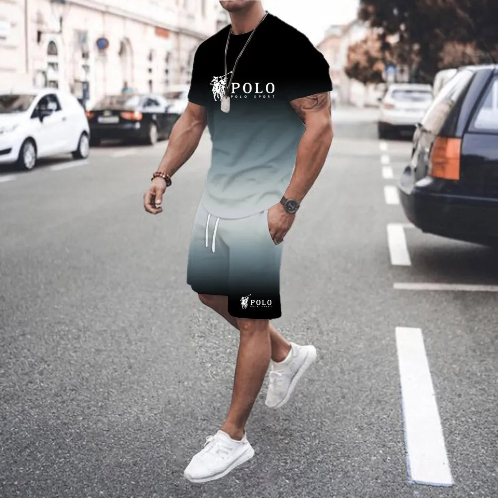 Trendy and fashionable street style 3D men's gradient letter print pattern suit T-shirt casual T-shirt shorts two-piece set