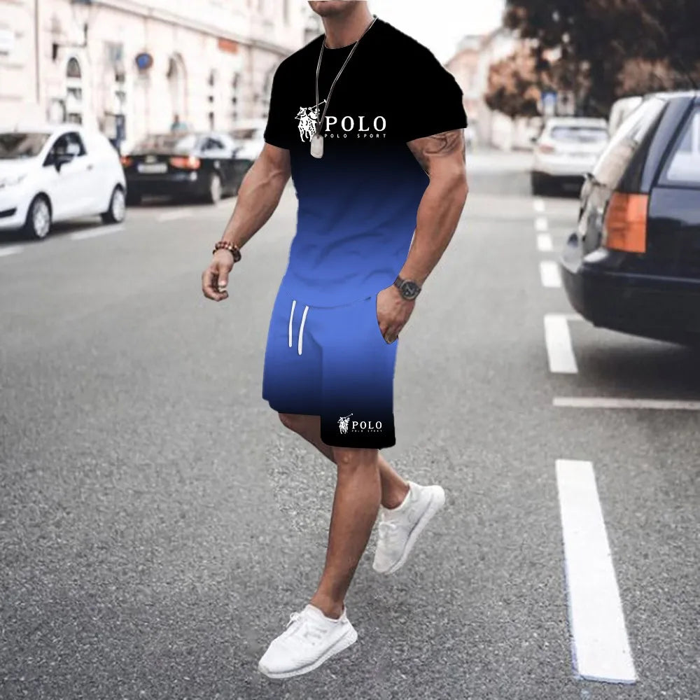 Trendy and fashionable street style 3D men's gradient letter print pattern suit T-shirt casual T-shirt shorts two-piece set