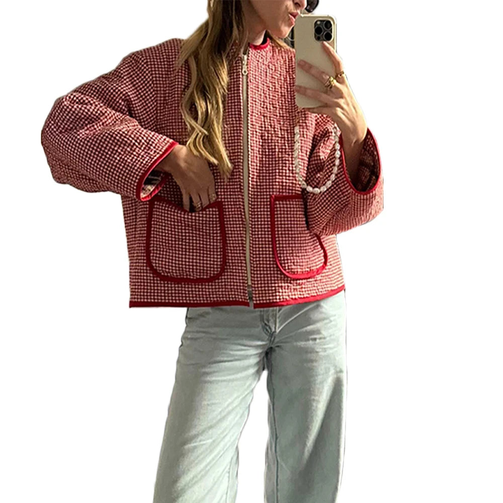 Floral Print Pocket Cardigan Quilted Jacket Elegant High Street Outerwear
