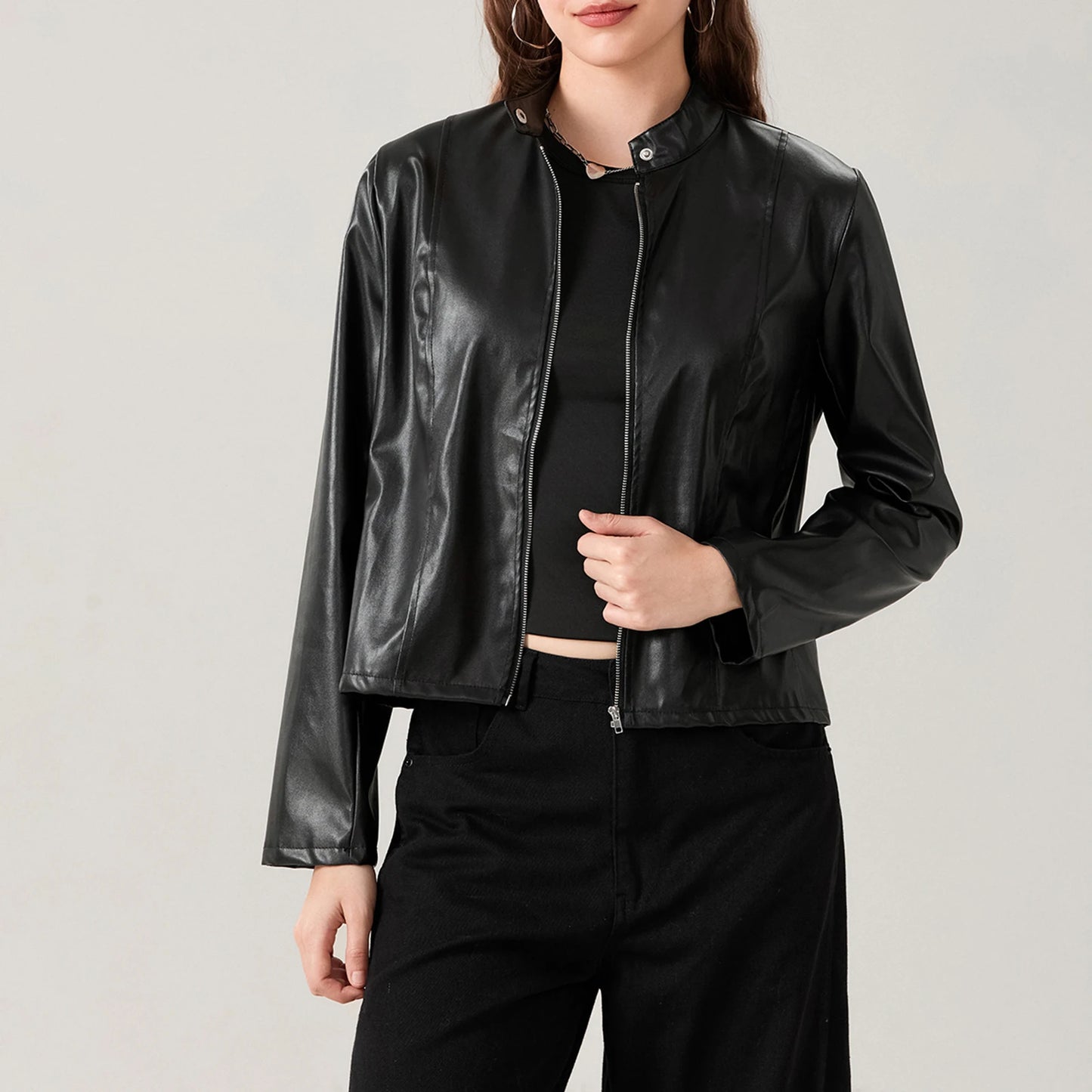 Faux Leather Jacket Biker Jacket Outerwear Long Sleeve Zipper Short Jacket