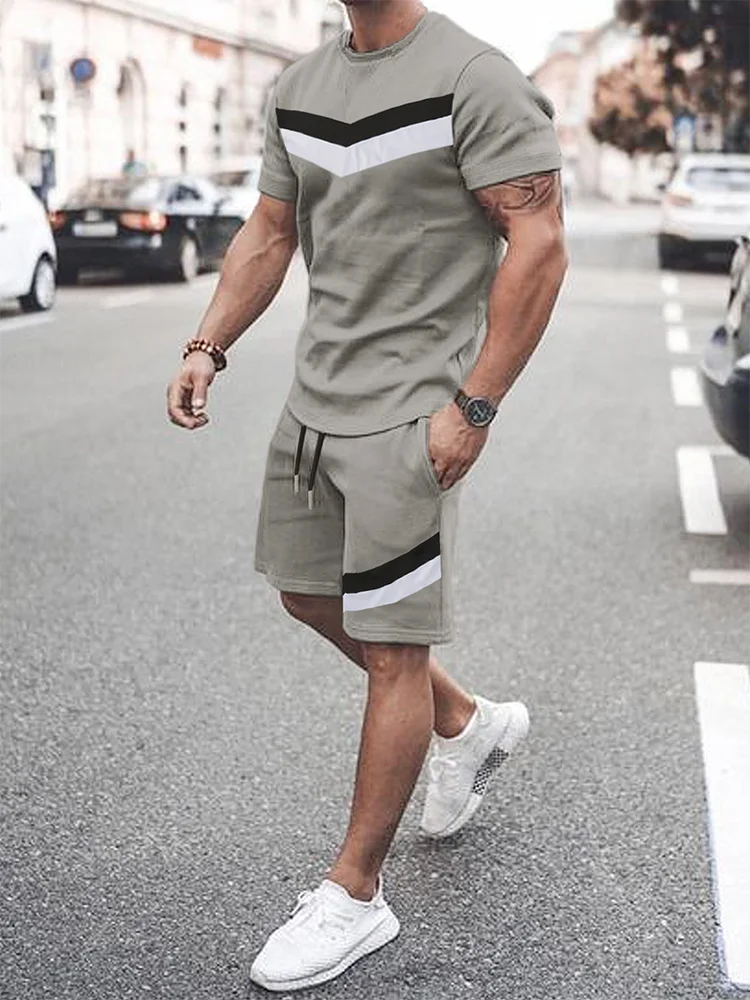 Two Piece Suit Men's Casual Pattern Printed Short Sleeve T-shirt and Sports Shorts Set Sports Set Fitness