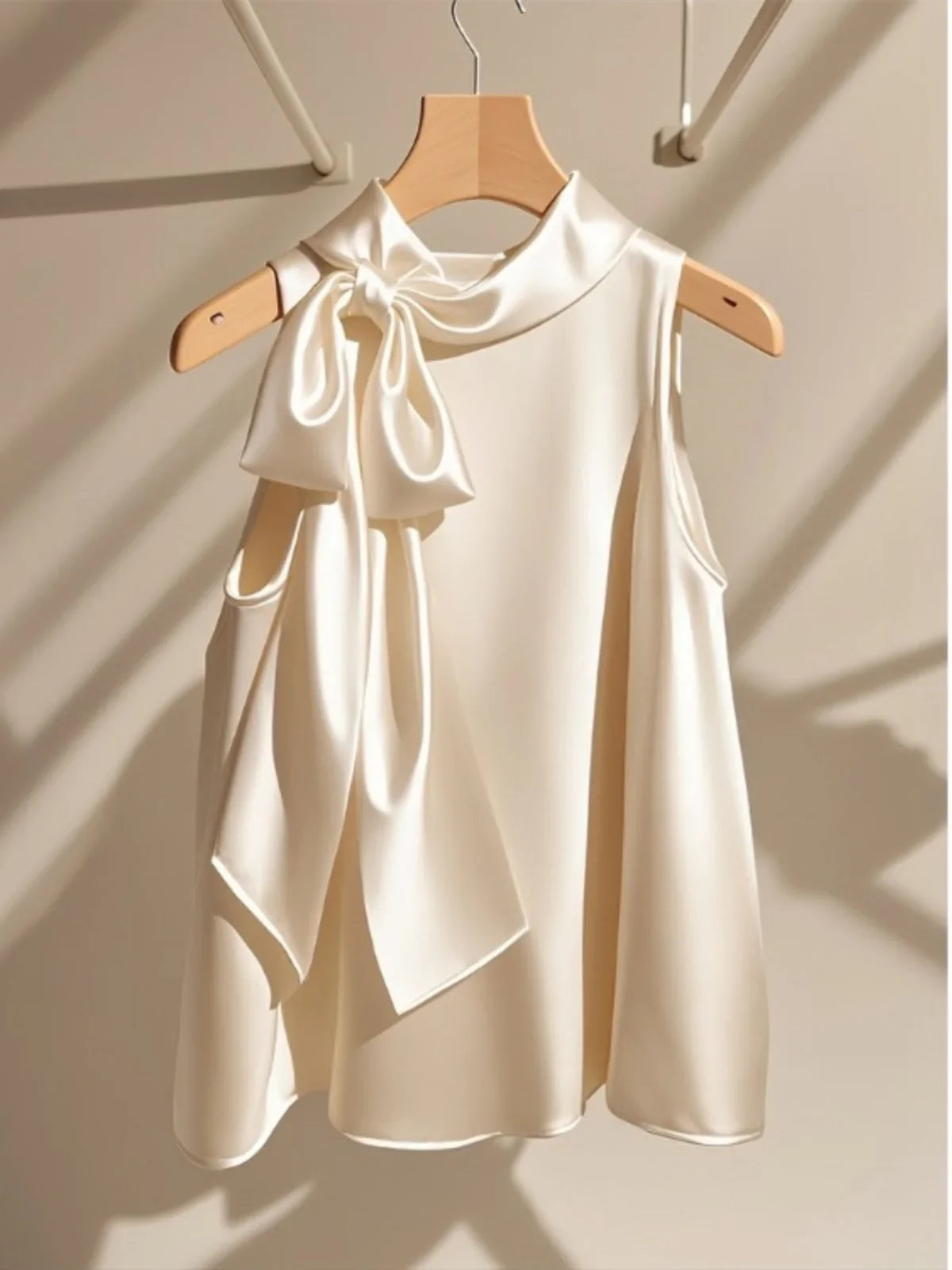 Chic Champagne White Satin Halter Neck Tank Top  French Bow Sleeveless