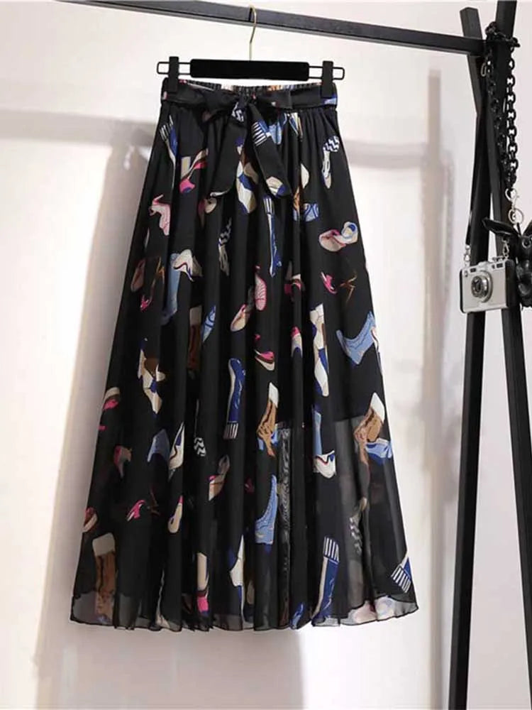 Chiffon Sun School High Waist Midi Skirt