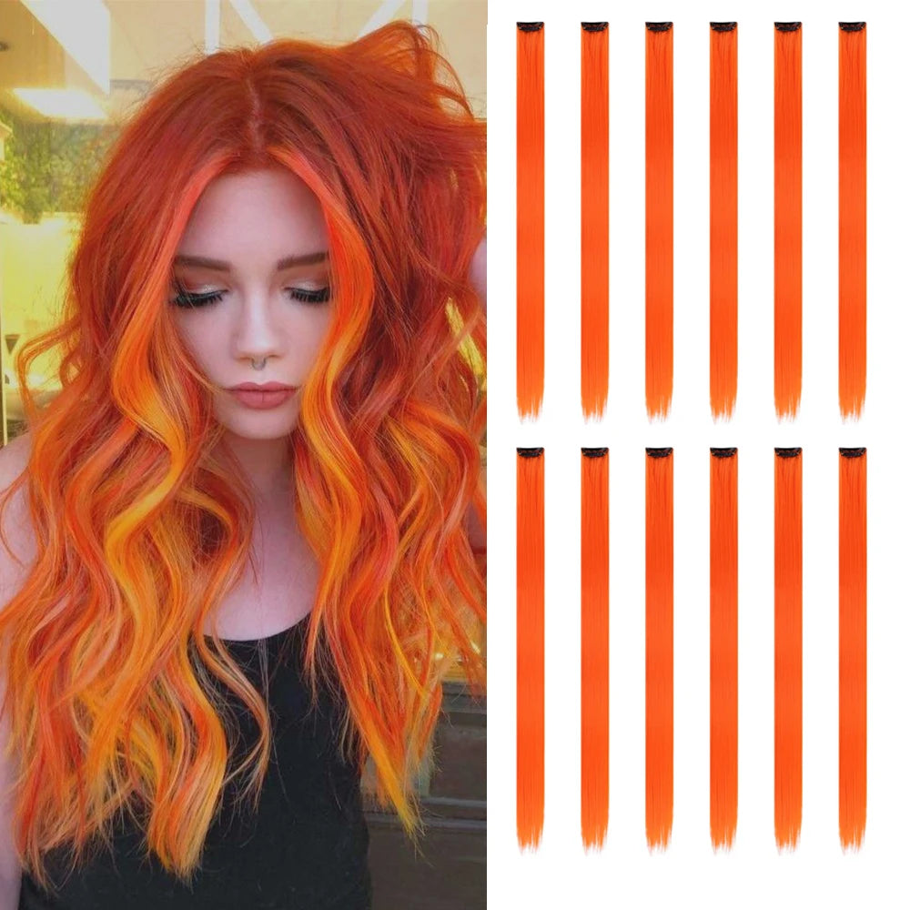22 inches12pcs/pack Colored Party Synthetic Clip in Hair Extensions  Multi-colors Straight Hair Synthetic Hairpieces