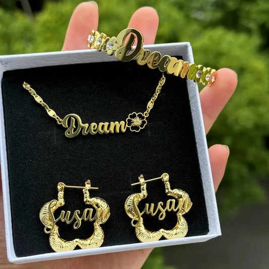 Custom Name Floral Set Birthstone Nameplate Necklace Zircon Bangles Flower Customized Letter Hoop Earrings
