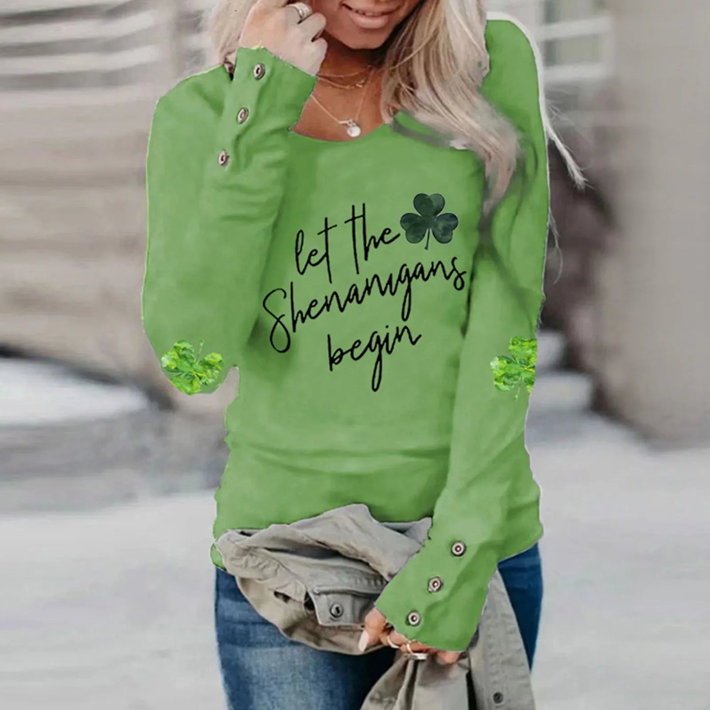 Women's St Patrick's Day Irish T-Shirts Green Clovers Print Long Sleeve Round Neck Loose Casual Tees