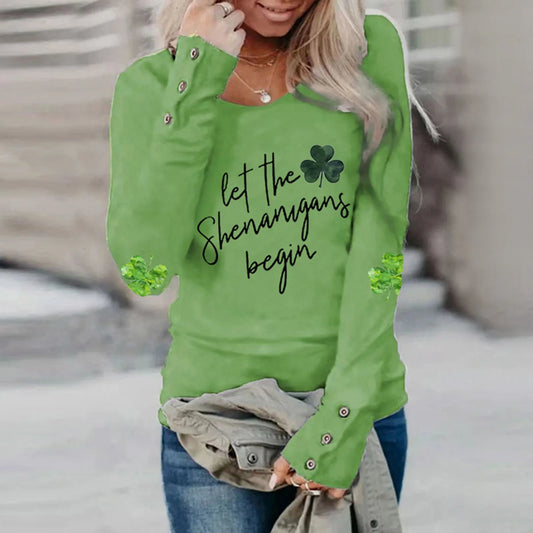 Women's St Patrick's Day Irish T-Shirts Green Clovers Print Long Sleeve Round Neck Loose Casual Tees
