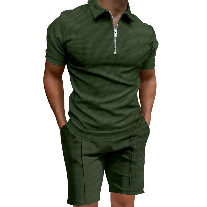 Cross border men's polo shirt set solid color waffle short sleeve slim lapel t-shirt casual men's shorts set