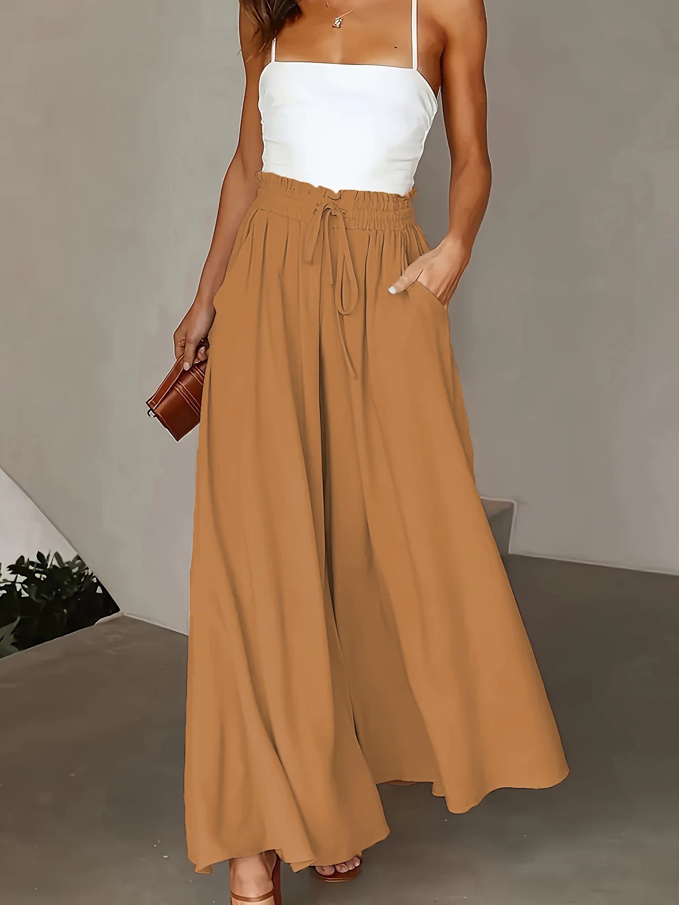 Plus Size Wide Leg Pants Comfortable Slight Stretch Fabric Elegant Solid Color Design Pocket Details Drawstring Elastic