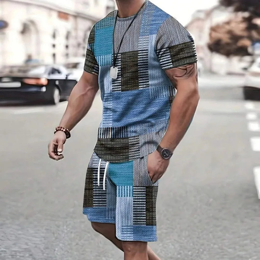 Fashion Men's sports shorts Short sleeve T-shirt style casual shorts set Retro cool breathable and two piece set