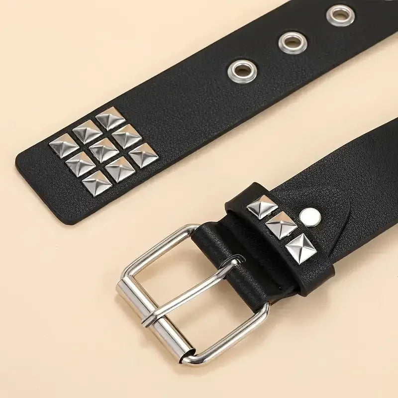 Rivet belt equipped with stainless steel square buckle, PU panel material, male and female pyramid rivet
