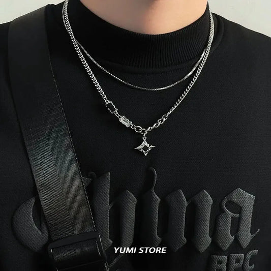 Zircon Double Layer Necklace For Men Women Trend Charm Titanium Steel Pendant Chain Unisex Jewelry