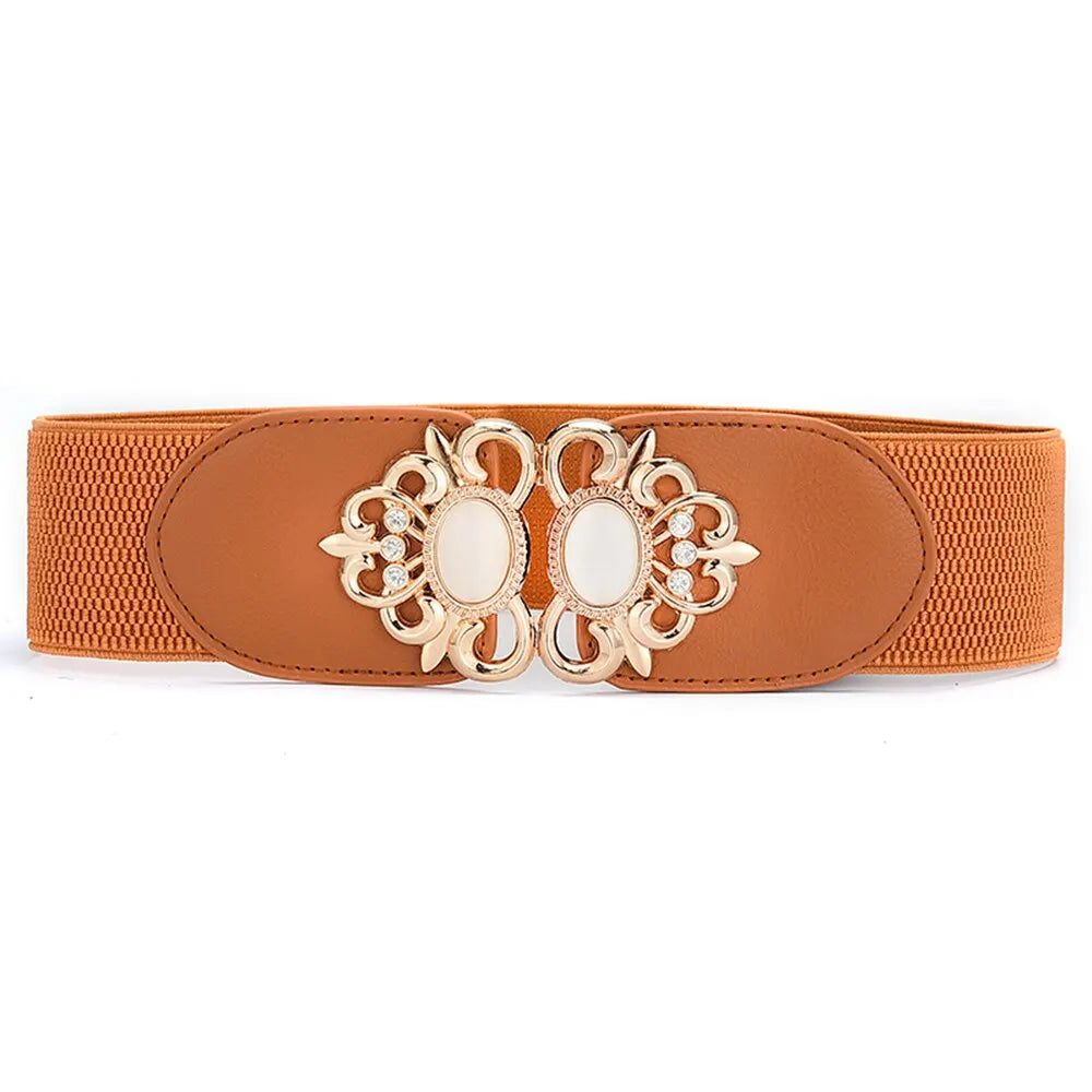 Women's Fashionable Golden Imitation Gemstone Shape Elastic Waist Closure With Double Hook Buckle Wide Belt