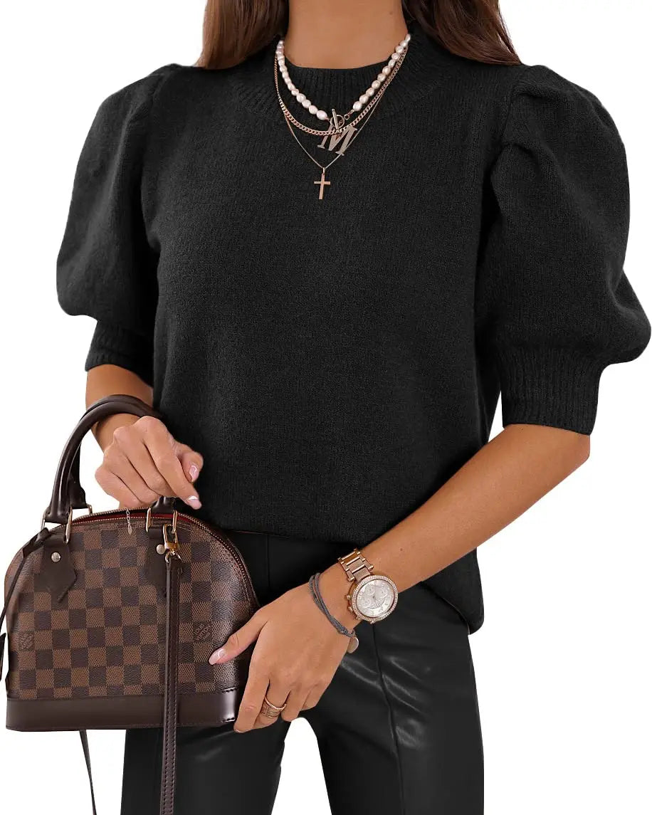 Women's Puff Short Sleeve Sweater Knitted Pullover Trendy Solid Crew Neck Casual Crop Tops Sweater