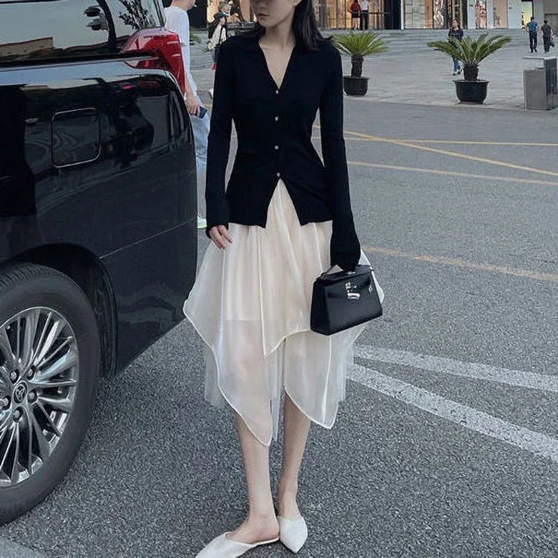 Gothic High Waist Asymmetrical Mesh A Line Midi Skirt