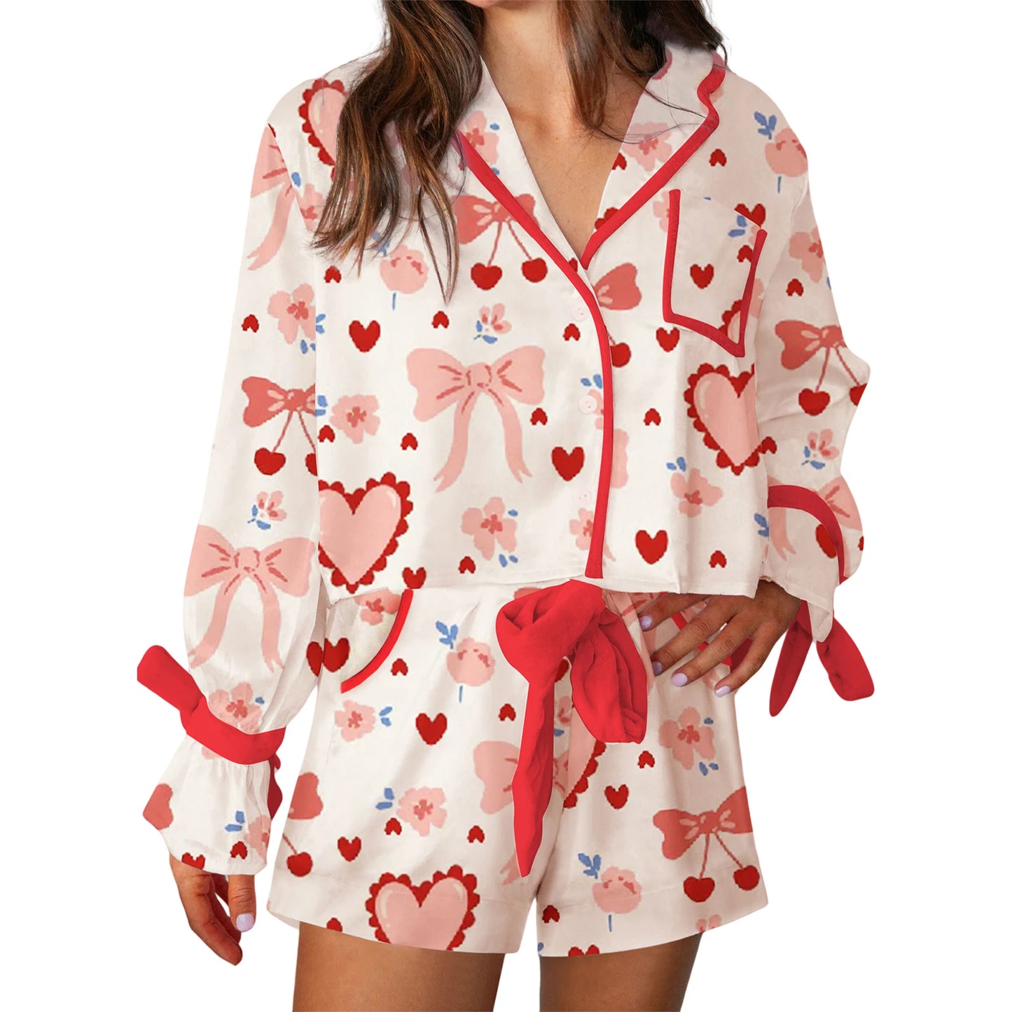 Valentine s Day  Pajama Set with Heart Print Long Sleeve Shirt and Drawstring Shorts  Sleepwear Comfort