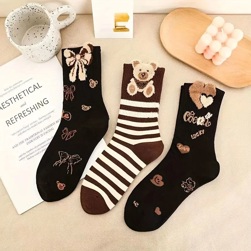 5 Pairs Of Latte Color Pattern Women's Socks, Comfortable And Versatile Mid-calf Socks