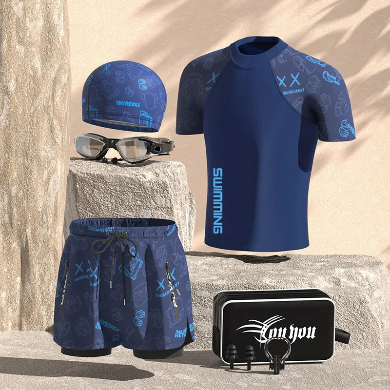 Men Professional Water Sports Competitive Swim Shirts+Trunks Glasses Cap Quick-Drying Beach Surfing Bathing Shorts Goggles Hat