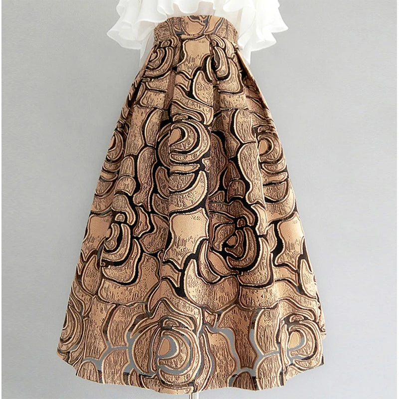Zipper Spliced Gauze Folds Vintage Skirt Loose Office  High Waist