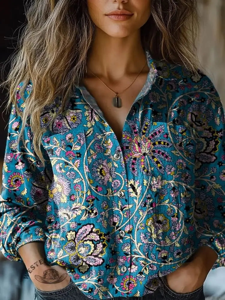 European Style  Women Long Sleeve Basic Shirts New Casual Beach Tops Blouse Ladies Bohemian Flower Print shirt