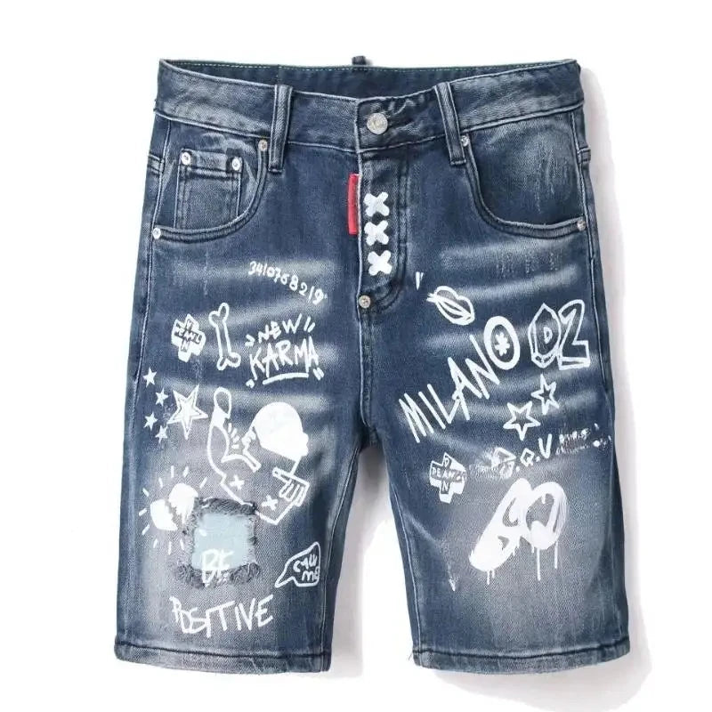 fashion blue Denim Shorts Summer Holes BUTTON FLY Shorts Jeans High Quality Stretch Fit Denim Jeans Shorts