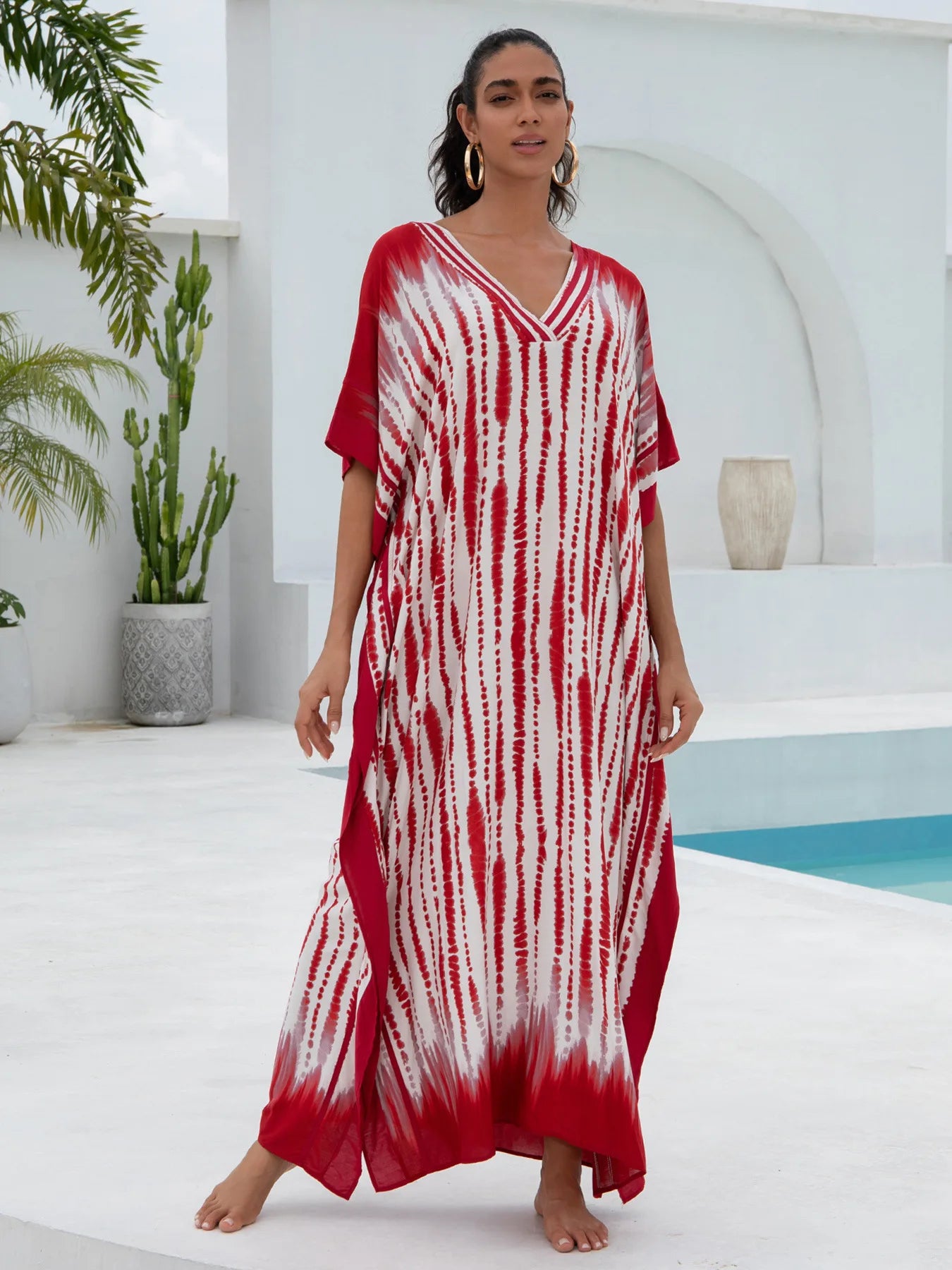 Red Stripe Women  Loose Fitting Long Robe Beach Vacation V-neck Sunscreen Clothing