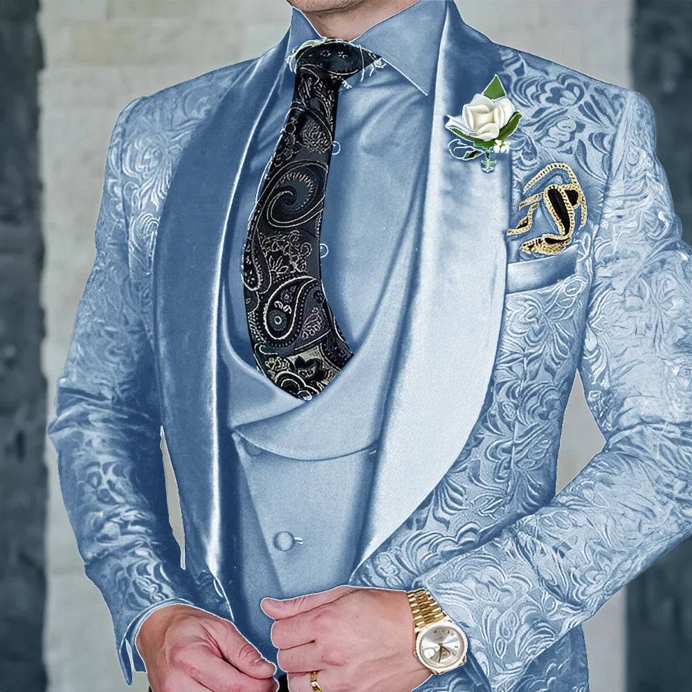Jacquard Men's 3-piece Suit Set Formal Party Dress Groom's Tuxedo High Quality Elegant Men's Customized Outfit