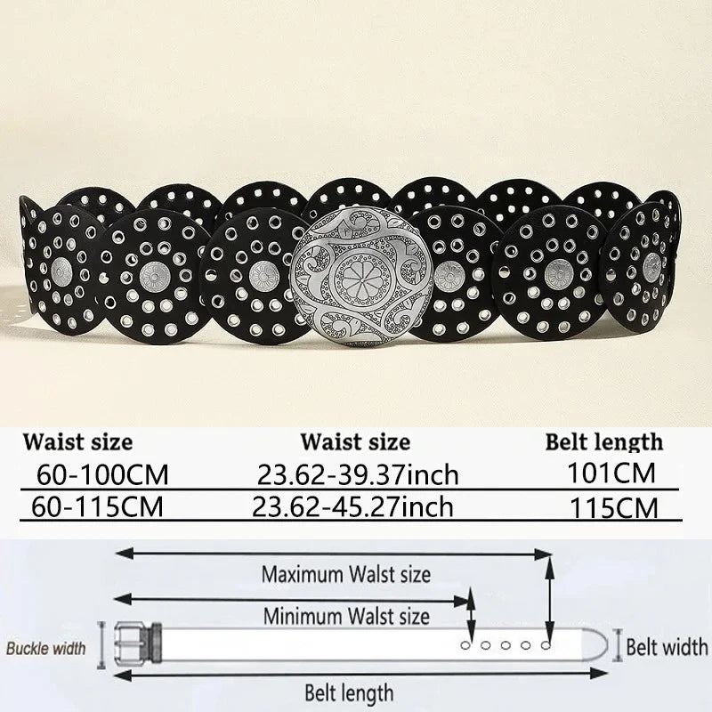 Women's Western Denim Belt High Quality Metal Hollow Ladies Trend Wide Waistband Vintage Personalized Round Belts