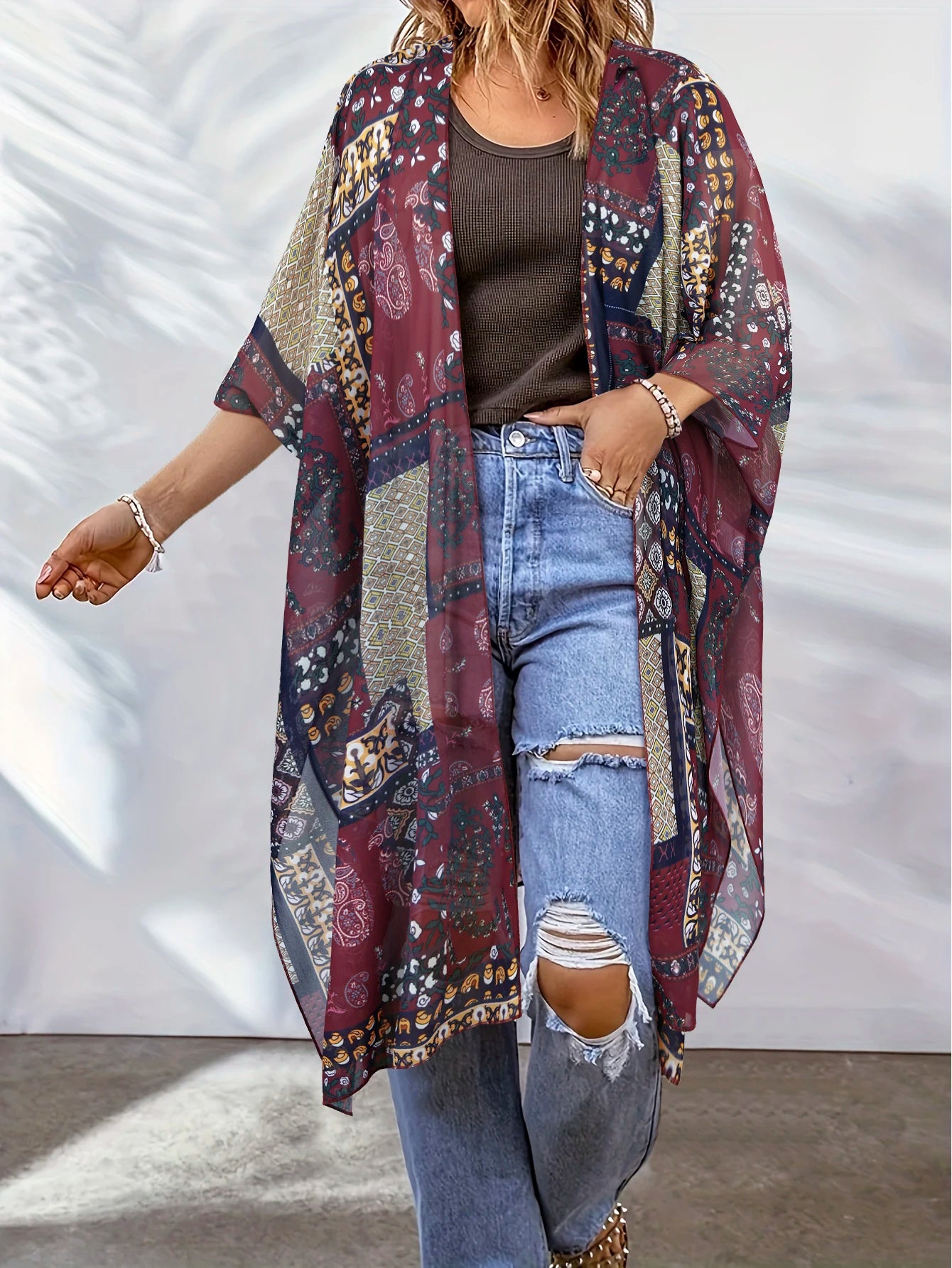Beach Wear covered luxury women's social shirt fashion top 3D printed batwing sleeve chiffon kimono