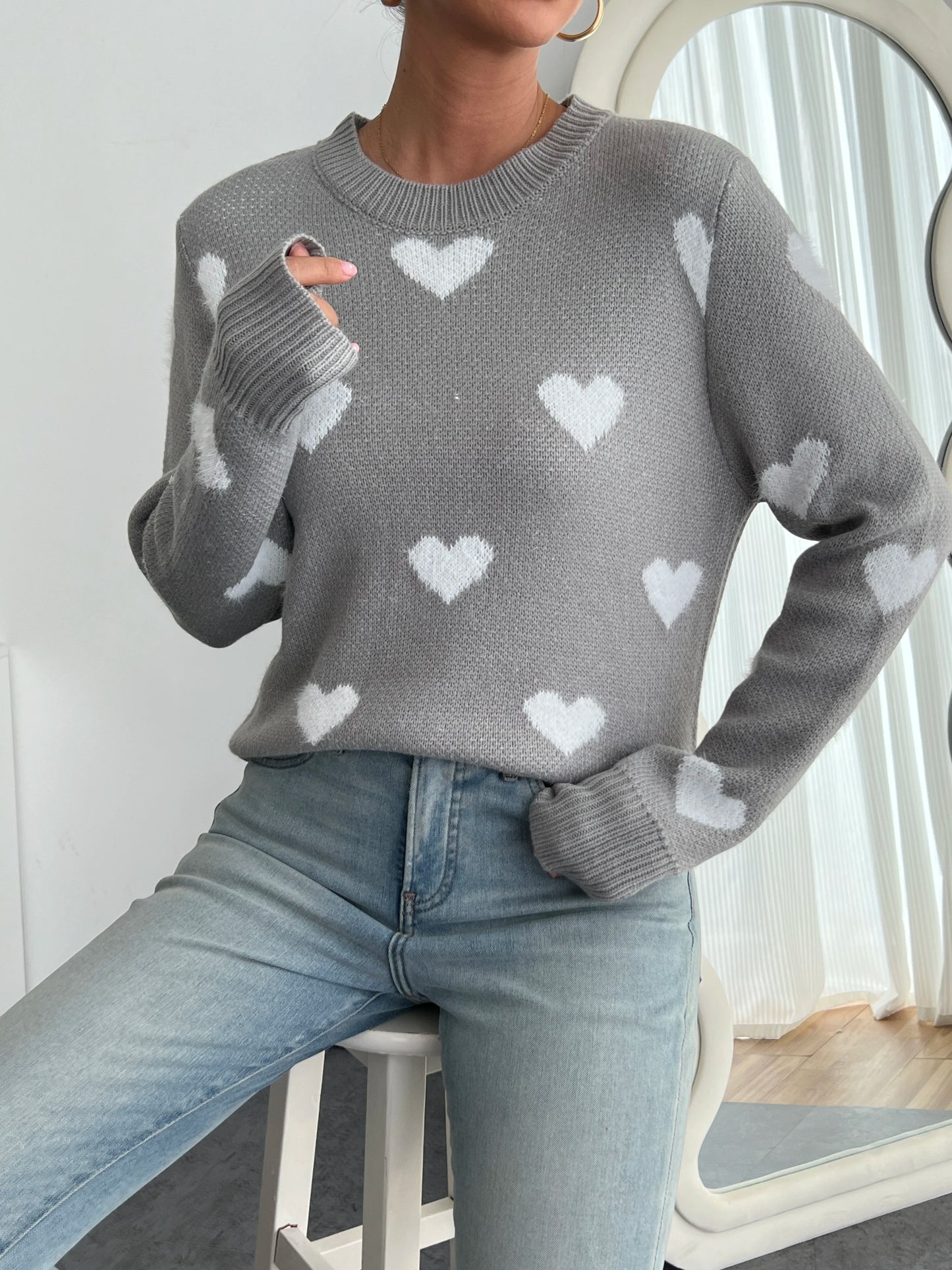 Women's Chic Blue Heart Pattern Crew Neck Sweater - Cozy Long Sleeve Knit Pullover, Soft Acrylic/Nylon Blend
