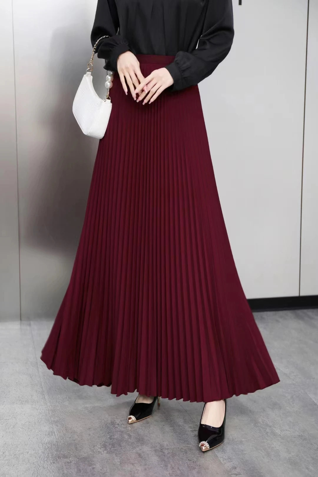 Elegant Pleated Skirt High Waist Women's Long Skirt Ladies High Quality Midi Skirt