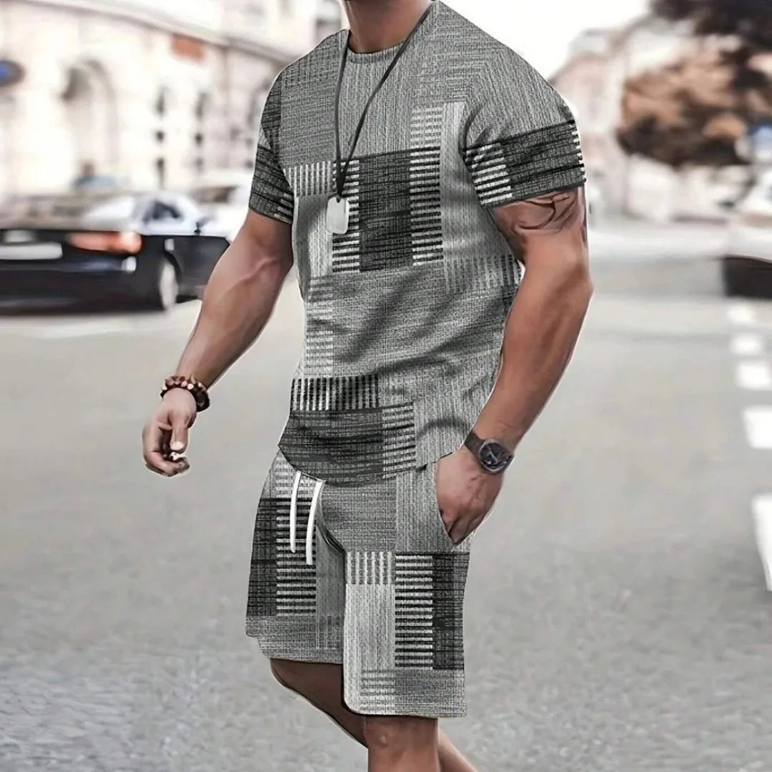 Fashion Men's sports shorts Short sleeve T-shirt style casual shorts set Retro cool breathable and two piece set