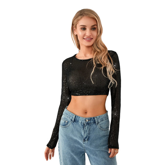 Women’s Full Sequin Cropped Tops Long Sleeve Round Neck Glitter Sparkle