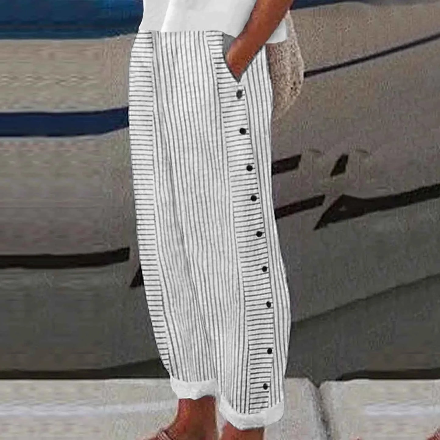 Long Linen Pants Women's Summer Fashion Striped Print Button Casual Versatile Loose High Waist  Dress Pants
