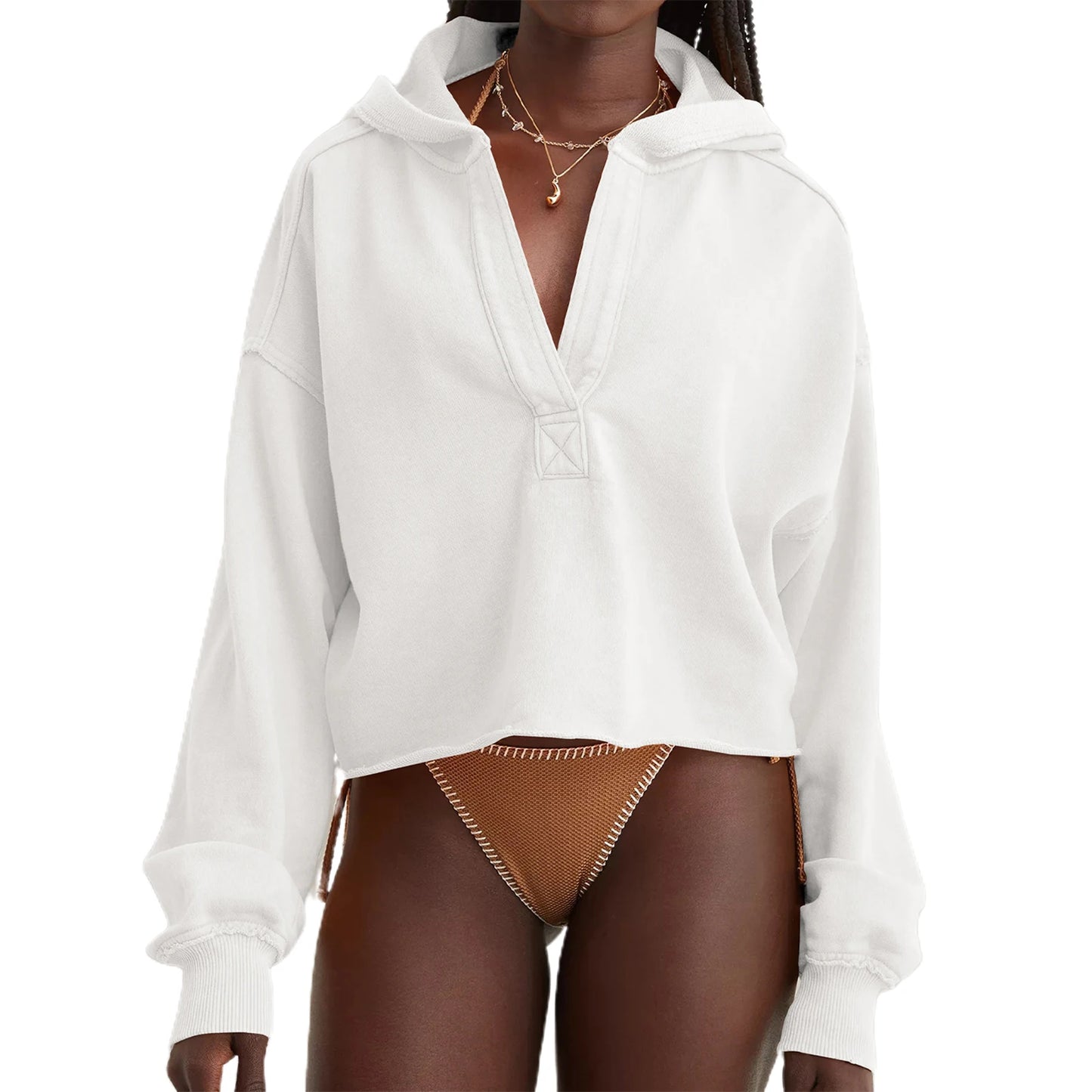 Women's Spring Autumn Hooded Sweatshirt Long Sleeve Solid Color V Neck Crop Hoodie