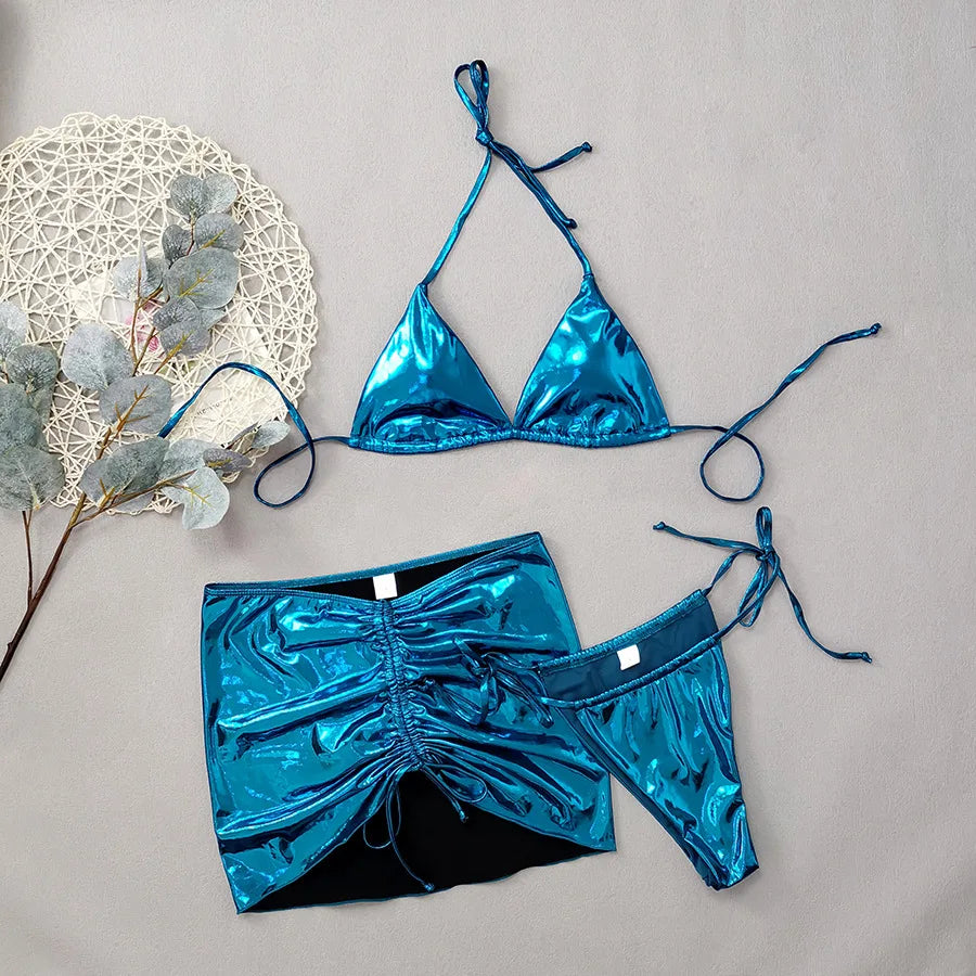 Bright 3-piece Swimsuit Women summer Bikini mini Triangle Cup Low Waist Lace-up Thong Beachwear with skirt cover