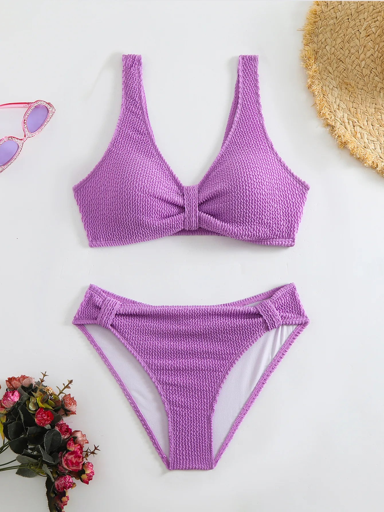 Summer Women's 2 Piece Swimsuit Solid Color High Waist Bikini Set V-neck Backless Beach Vacation Bathing Suit Swimwear