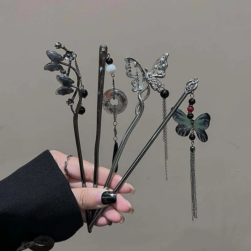 Chinese Style Butterfly Flower Tassel Hair Stick for Women Vintage Metal Chopstick Hair Sticks Hair Accessories