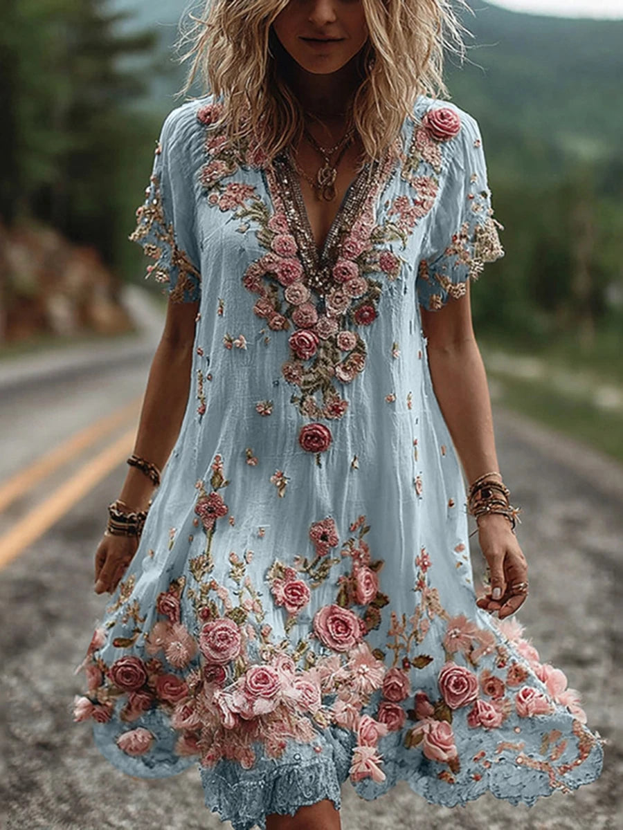 Casual Short Sleeve Stereoscopic Floral Dress Elegant Printed Pleated Banquet Beach Dress Summer New V Neck Birthday Dress