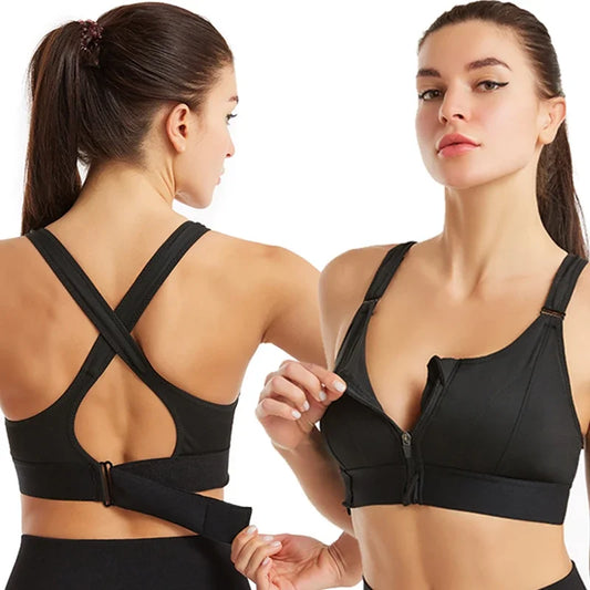 Sports Bra  Crop Top Adjustable Belt Zipper Yoga Running Bras Push Up Vest Shockproof